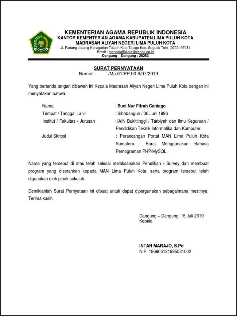 Contoh Surat Keterangan Selesai Penelitian Skripsi Dari Sekolah