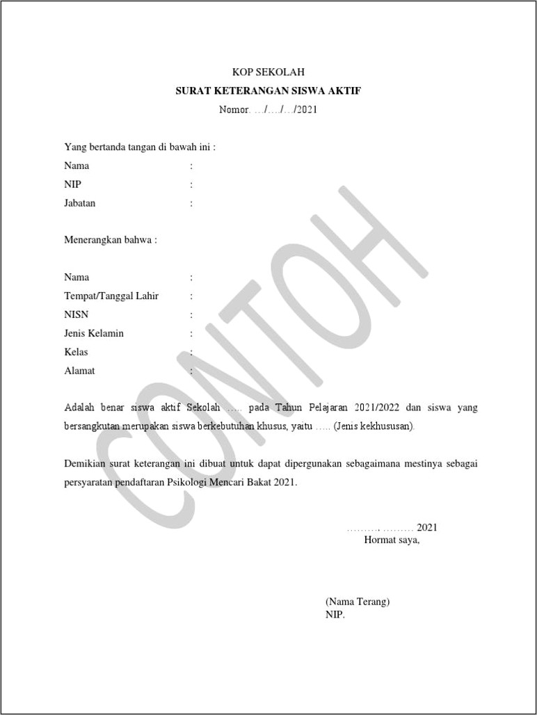 Contoh Surat Keterangan Siswa Aktif Bersekolah