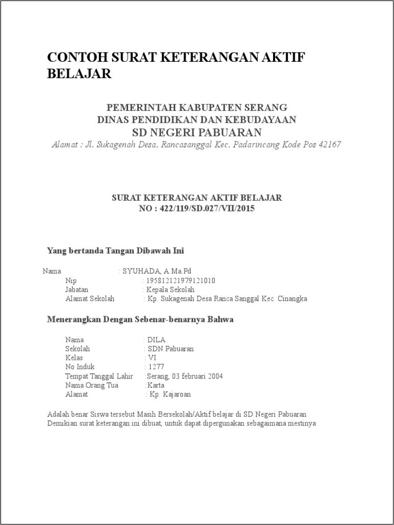 Contoh Surat Keterangan Siswa Aktif Dari Kepala Sekolah