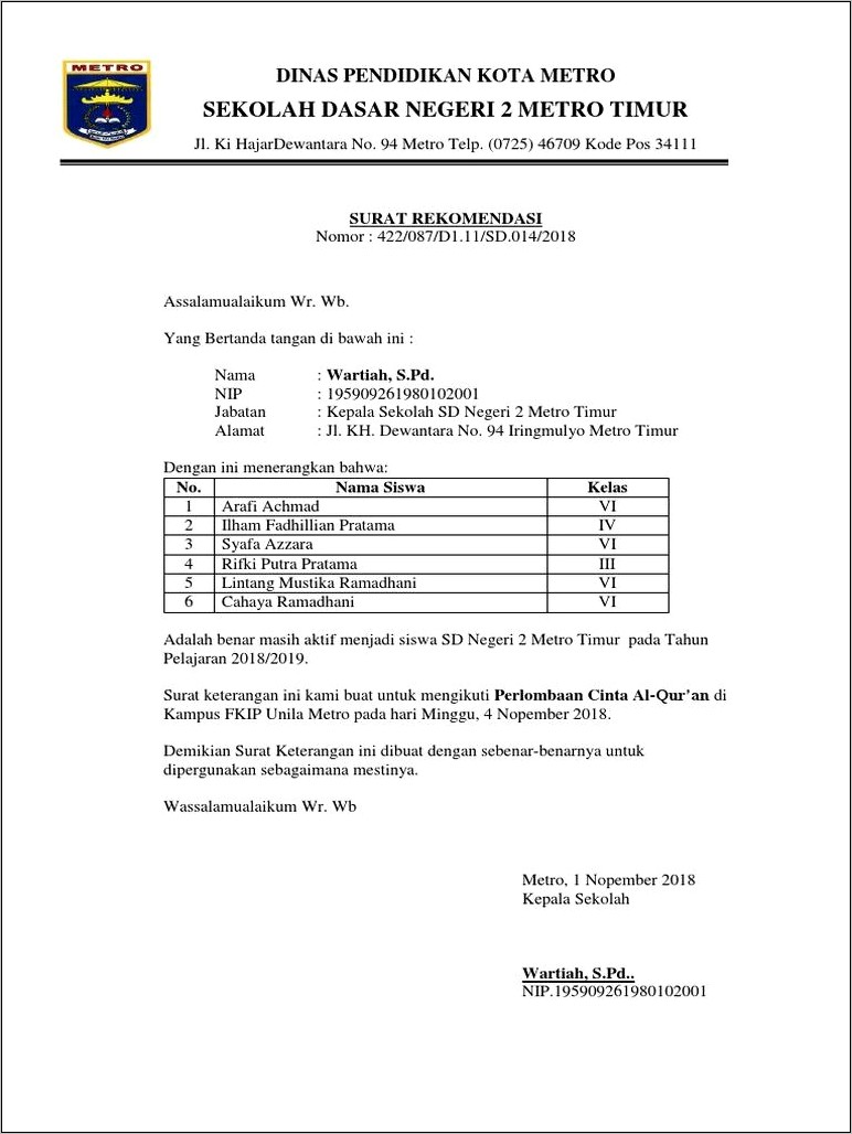 Contoh Surat Keterangan Siswa Berprestasi Sd