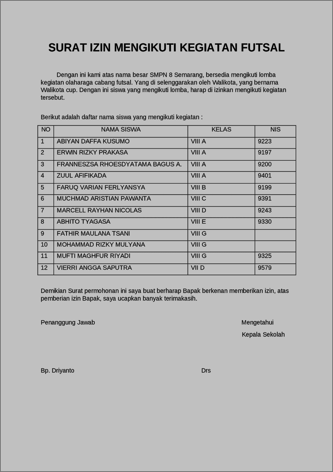 Contoh Surat Keterangan Siswa Mengikuti Lomba