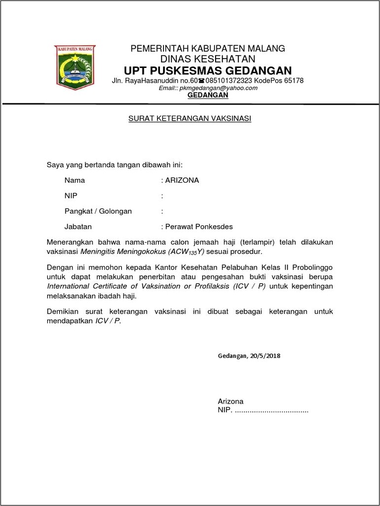 Contoh Surat Keterangan Sudah Vaksin Meningitis