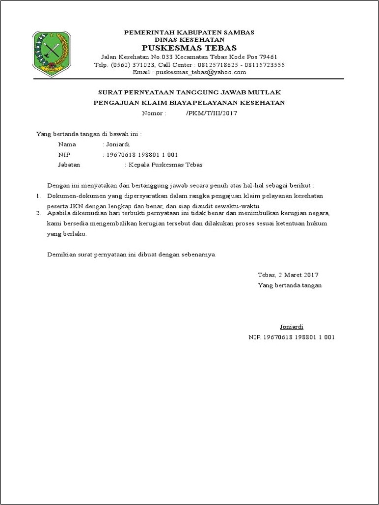 Contoh Surat Keterangan Tanggungjawab Mutlak Untuk Rekanan Proyek Irigasi