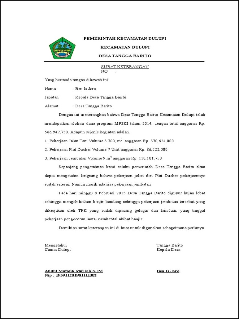 Contoh Surat Keterangan Terkena Bencana Banjir