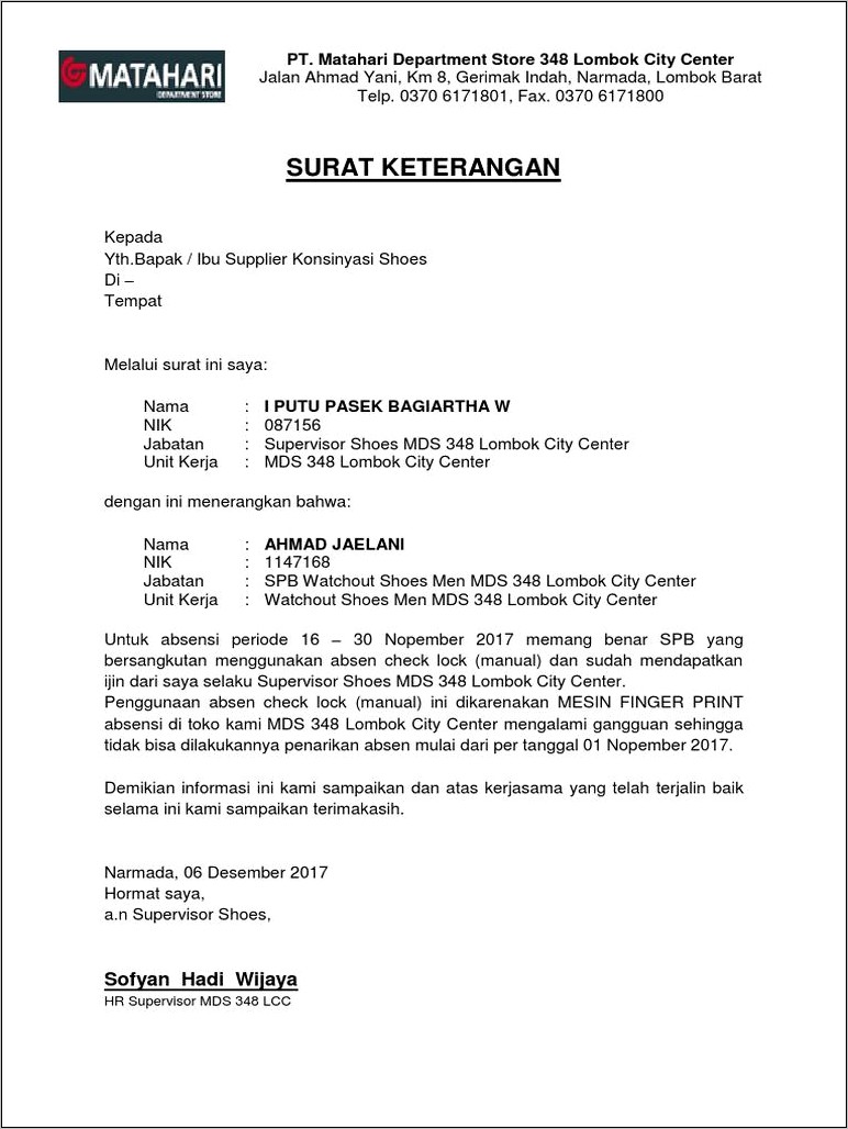 Contoh Surat Keterangan Tidak Absen