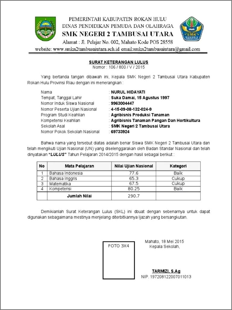 Contoh Surat Keterangan Tidak Lulus Sekolah