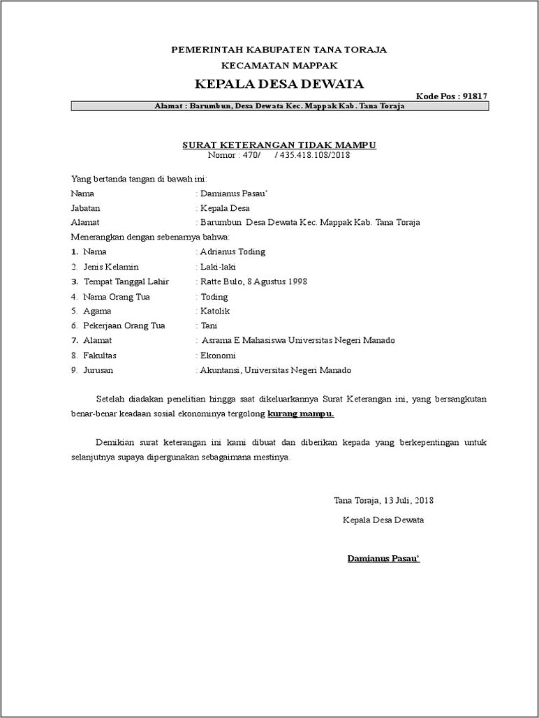 Contoh Surat Keterangan Tidak Mampu Dari Kelurahan Doc