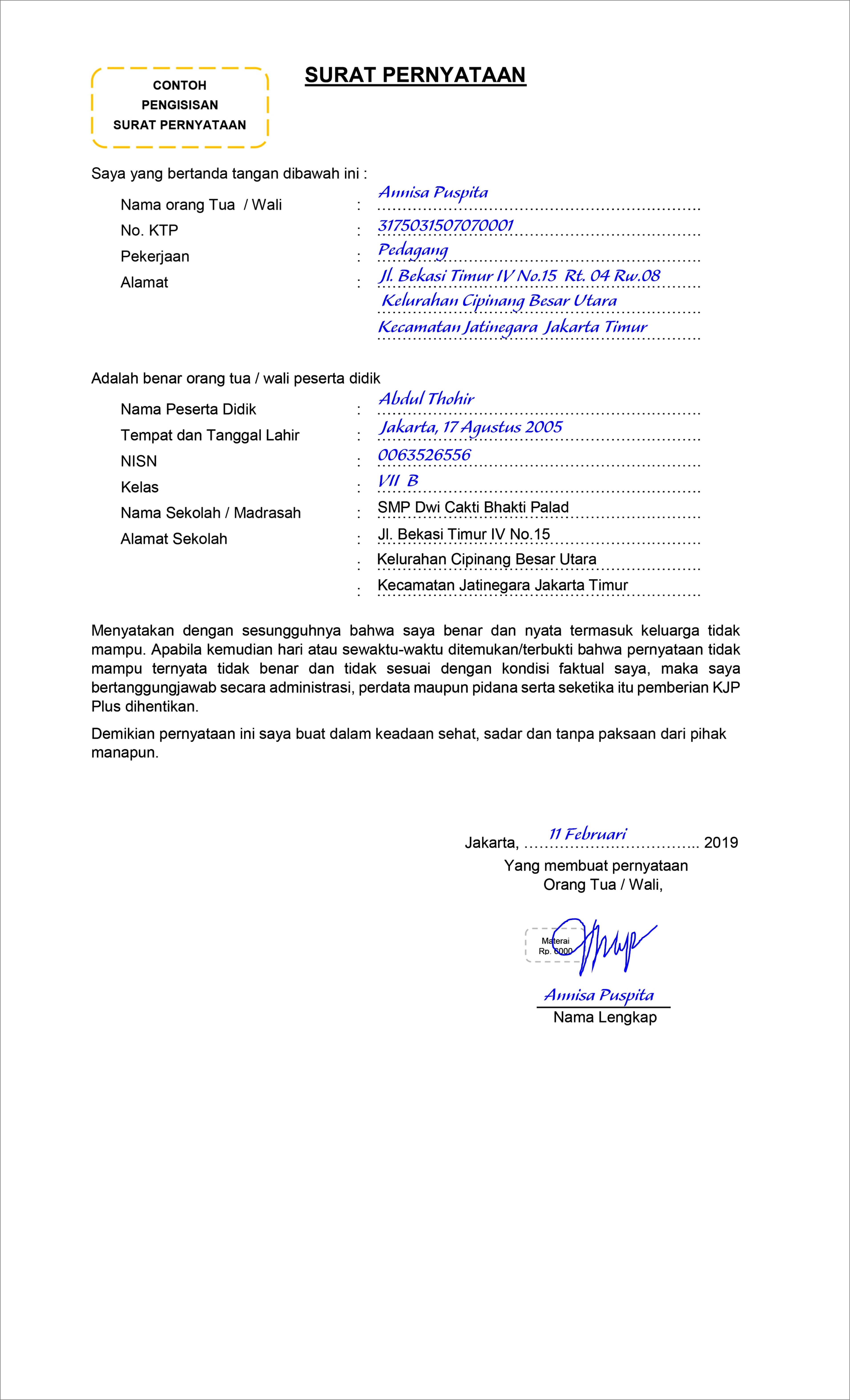 Contoh Surat Keterangan Tidak Mampu Dari Orang Tua