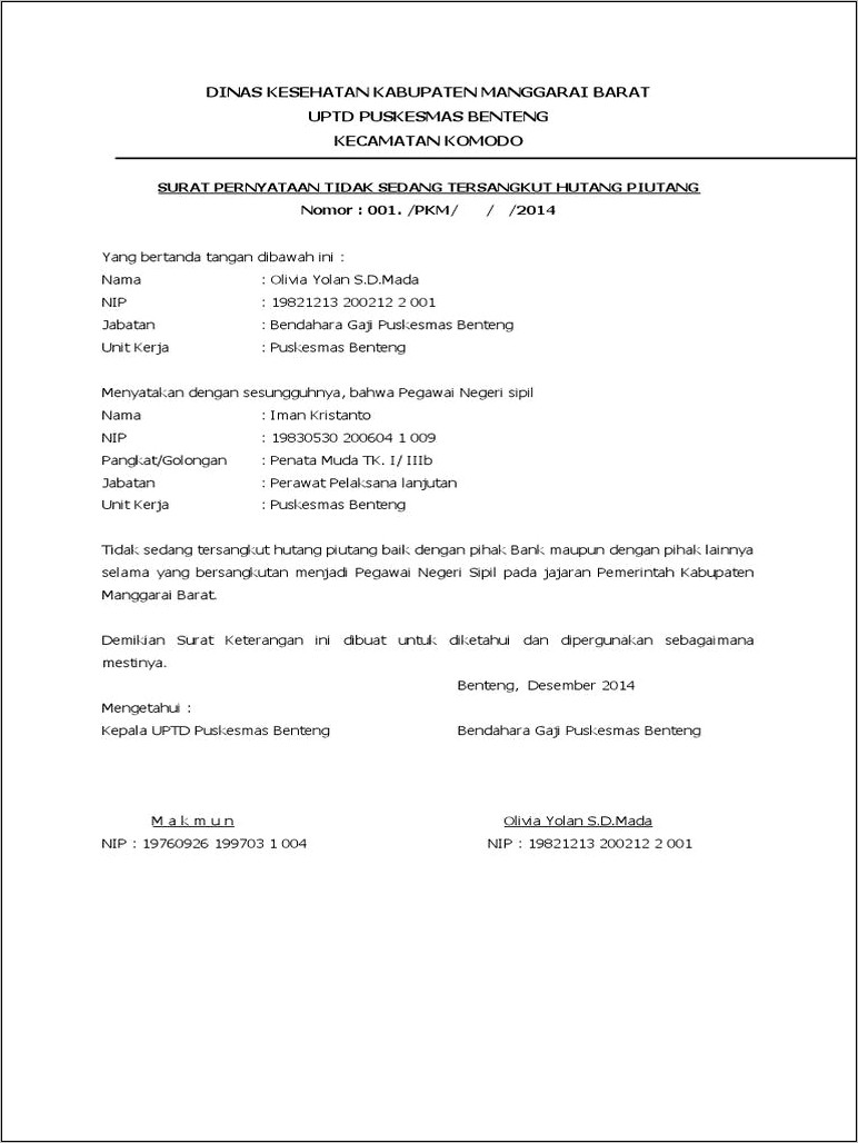 Contoh Surat Keterangan Tidak Memiliki Hutang Dari Kelurahan