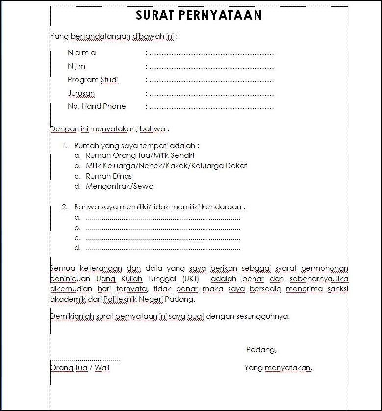 Contoh Surat Keterangan Tidak Memiliki Kendaraan