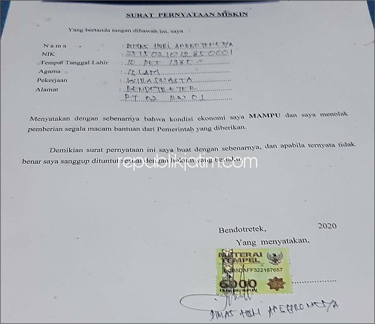 Contoh Surat Keterangan Tidak Menerima Uang Makan