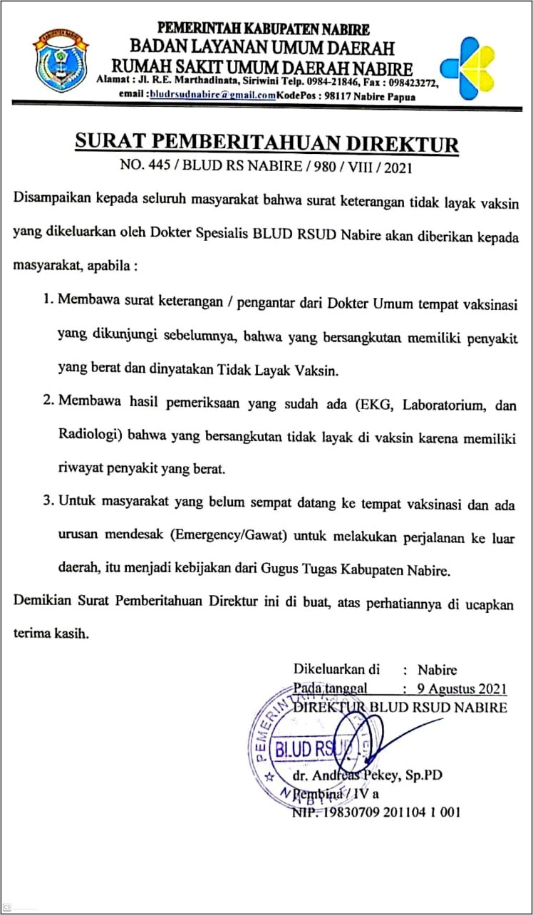 Contoh Surat Keterangan Tidak Mengikuti Vaksin