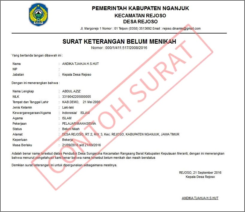 Contoh Surat Keterangan Tidak Pernah Menikah