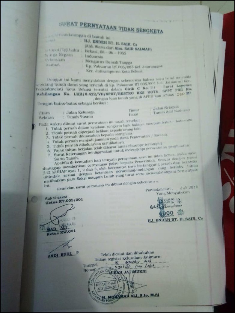 Contoh Surat Keterangan Tidak Sengketa Tanah Girik