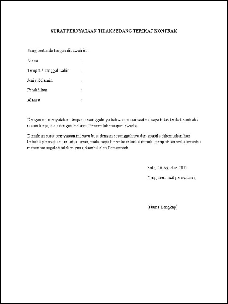 Contoh Surat Keterangan Tidak Terikat Kontrak Insyansi Ain