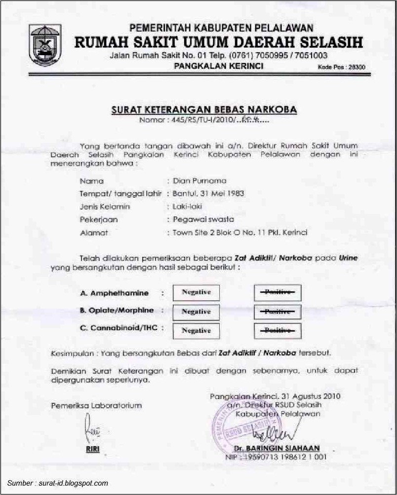 Contoh Surat Keterangan Tidak Terlibat Narkoba