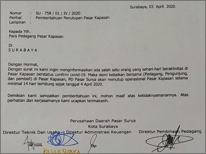 Contoh Surat Keterangan Toko Tutup