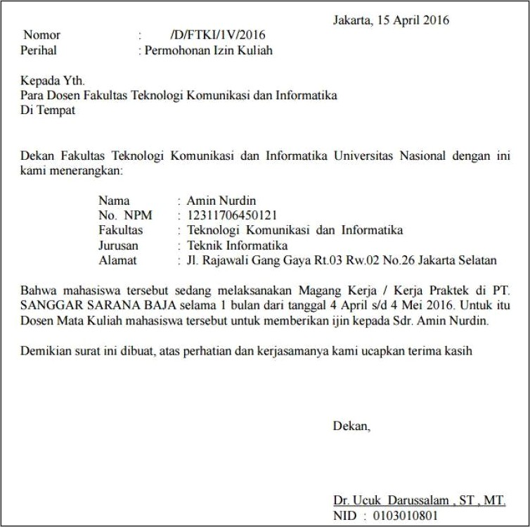 Contoh Surat Keterangan Tugas Kantor Untuk Kuliah