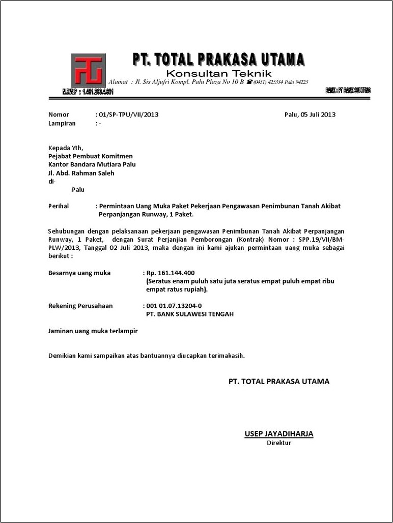 Contoh Surat Keterangan Uang Muka