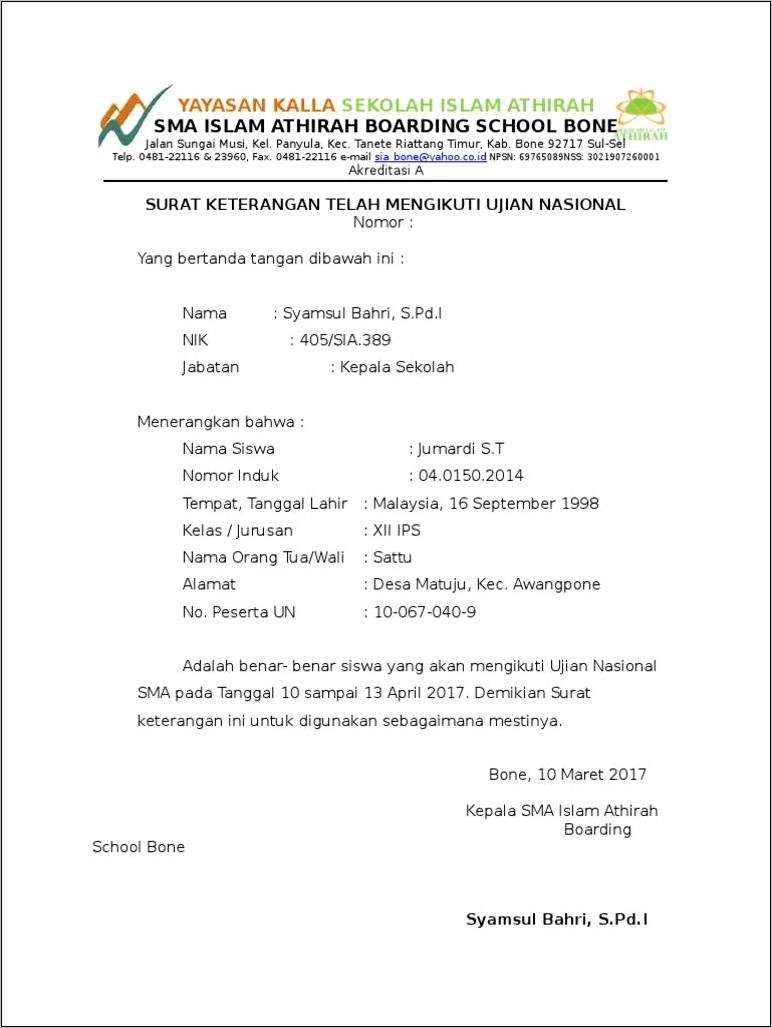 Contoh Surat Keterangan Tidak Mengikuti Ujian Nasional Surat Free Hot