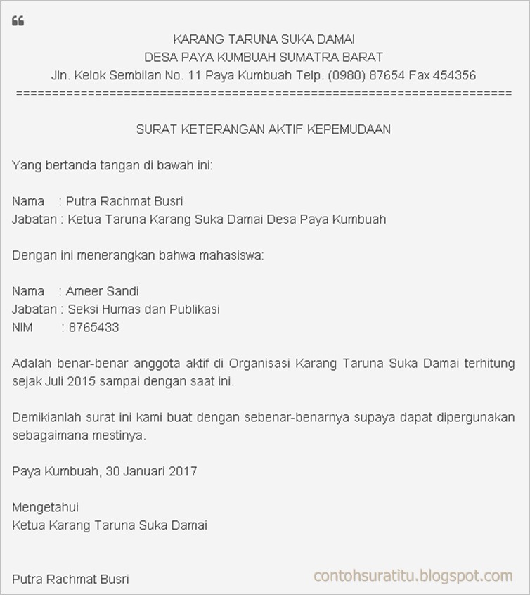 Contoh Surat Keterangan Unit Kegiatan Mahasiswa