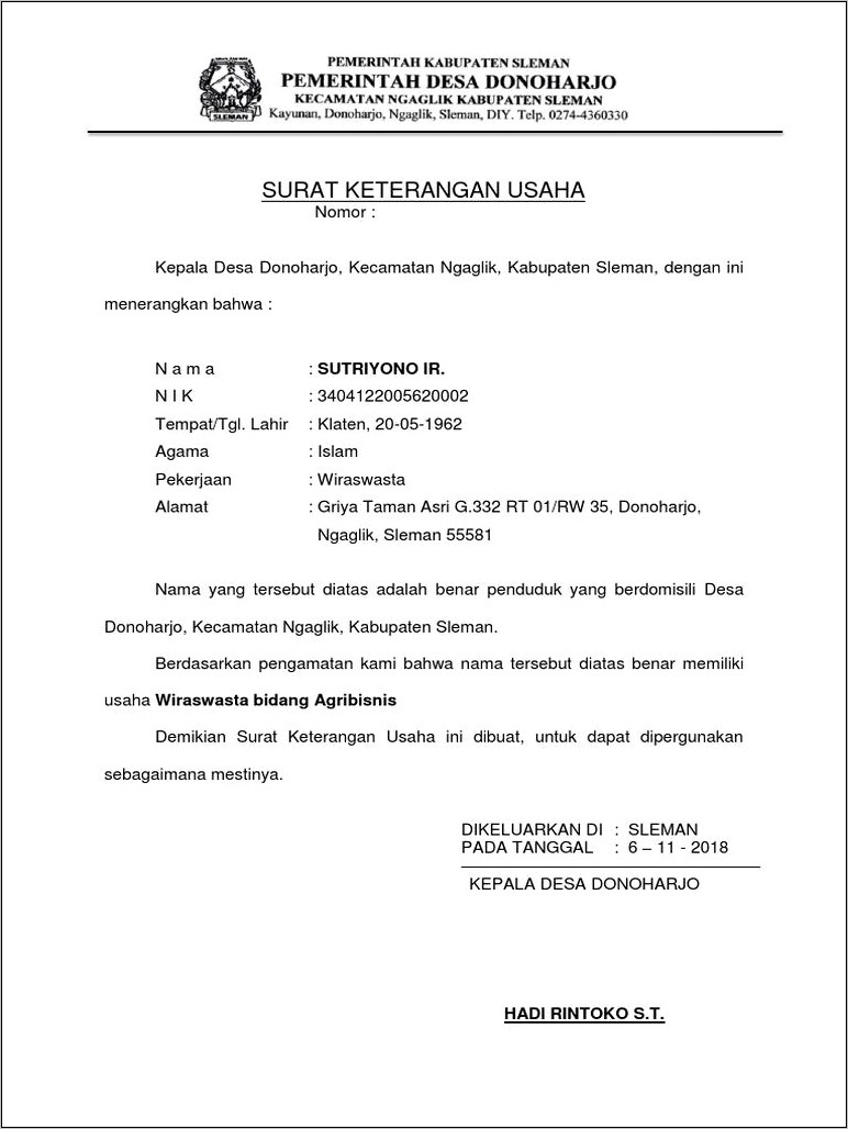 Contoh Surat Keterangan Usaha Bahasa Inggris