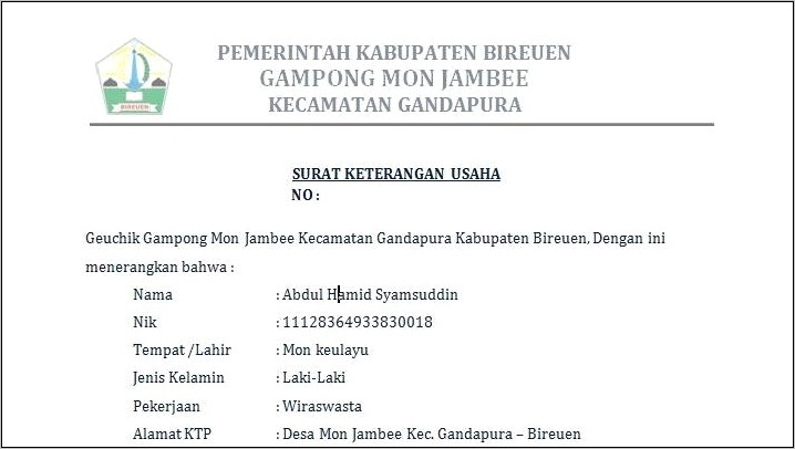 Contoh Surat Keterangan Usaha Kelurahan