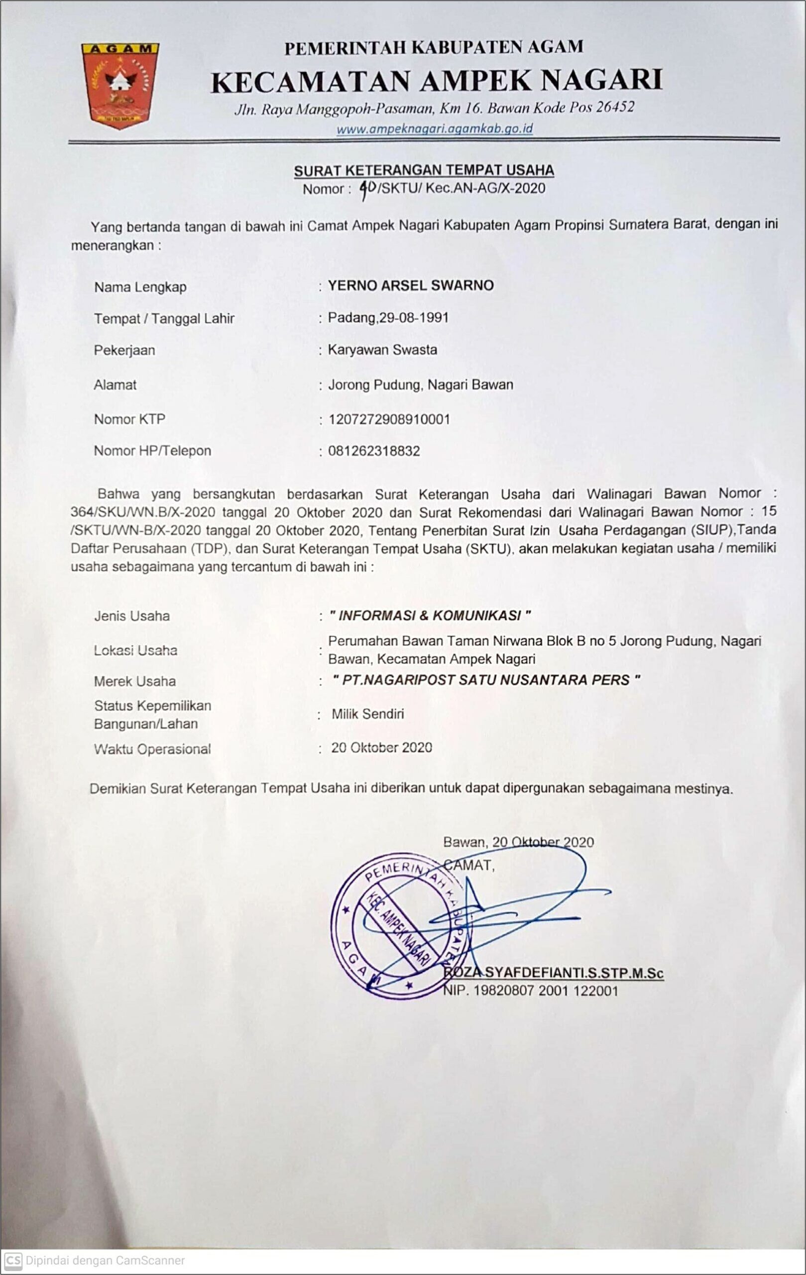 Contoh Surat Keterangan Usaha Peisisr Selatan