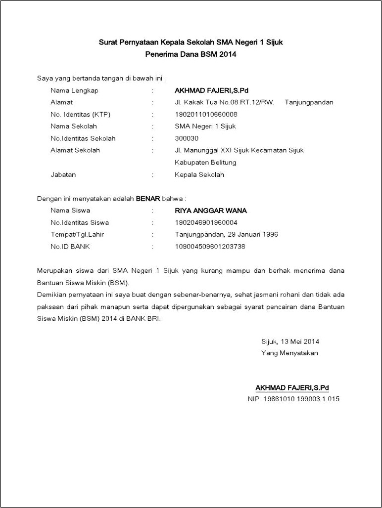 Contoh Surat Keterangan Wali Murid Tentang Dana Bsm