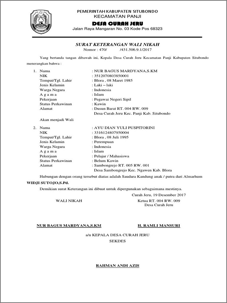 Contoh Surat Keterangan Wali Nikah