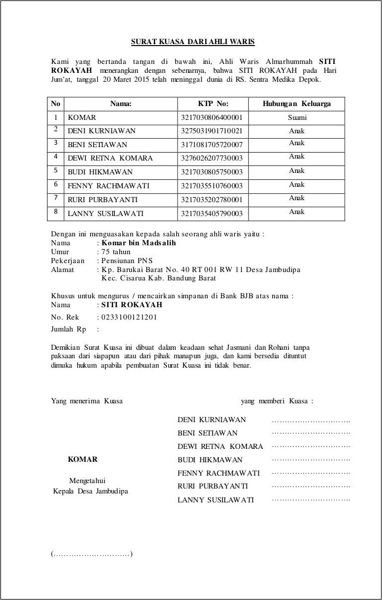 Contoh Surat Keterangan Waris Dari Rt Rw