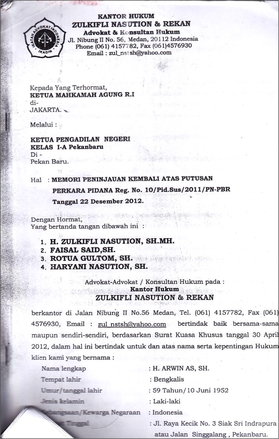 Contoh Surat Kuasa Memori Permohonan Peninjauan Kembali Perkara Pidana