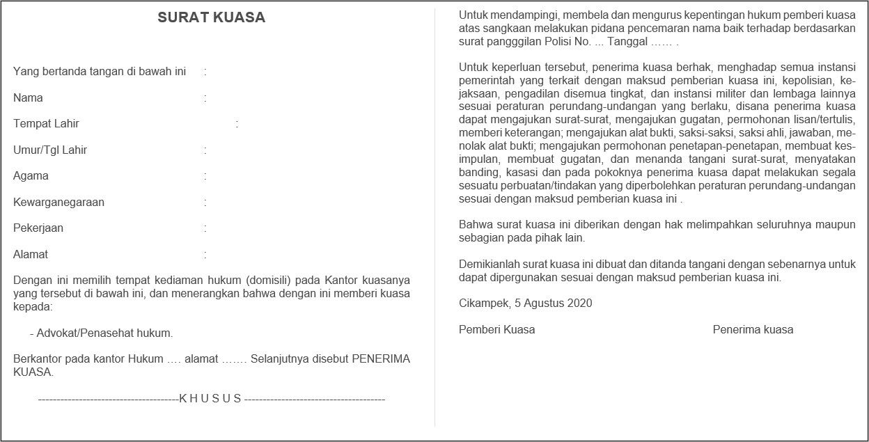 Contoh Surat Kuasa Pengurusan Surat Keterangan Domisili