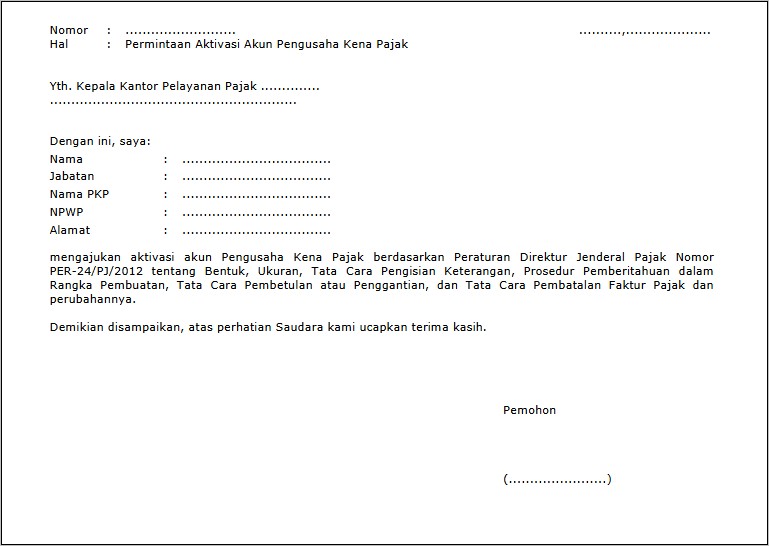 Contoh Surat Kuasa Permohonan Kode Aktivasi Dan Password