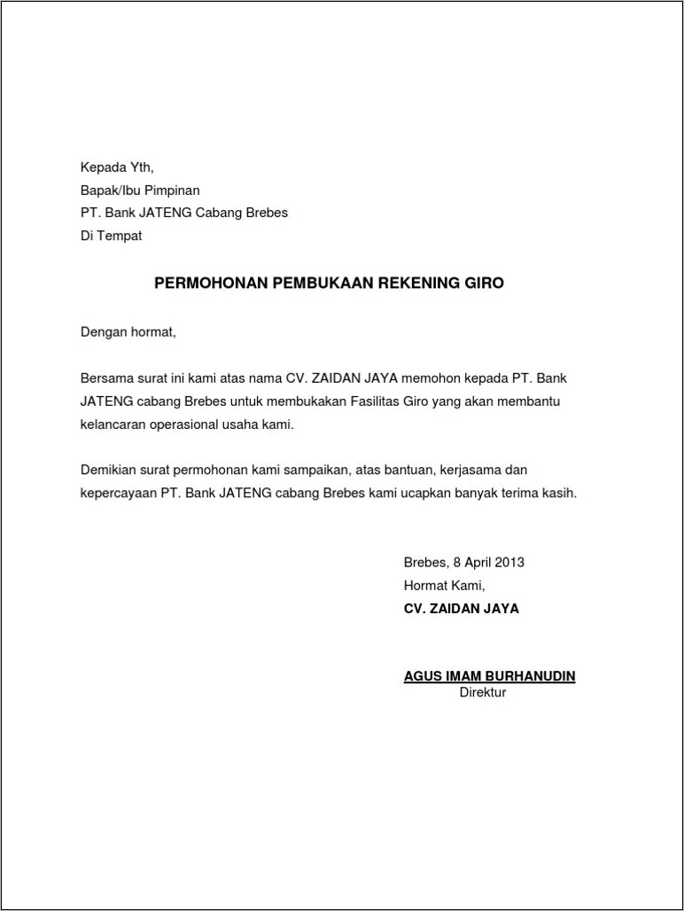 Contoh Surat Kuasa Permohonan Rekening