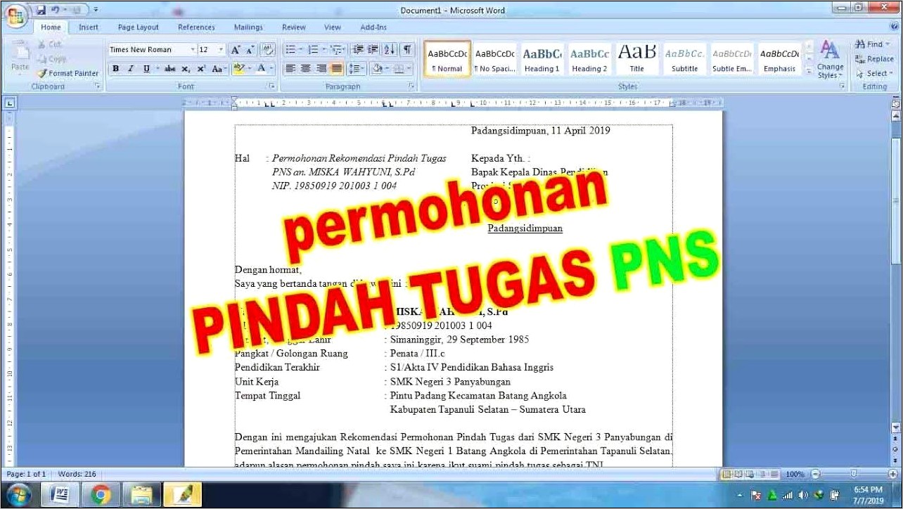 Contoh Surat Mengajukan Permohonan Pindah Tempat Pns