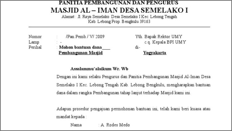 Contoh Surat Mohon Bantuan Dana Pembangunan Masjid