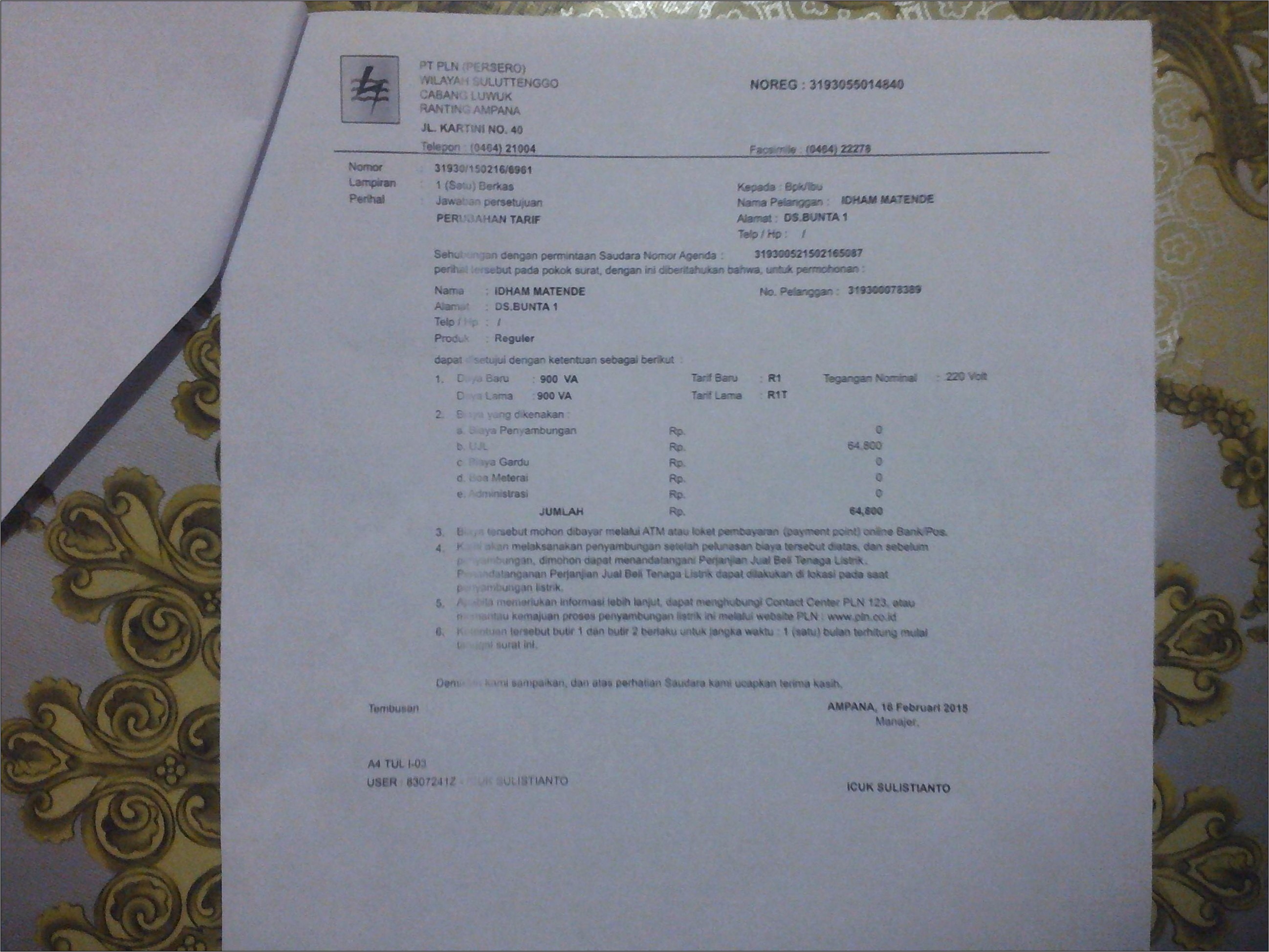 Contoh Surat Mohon Pergantan Tarif Daya Pln