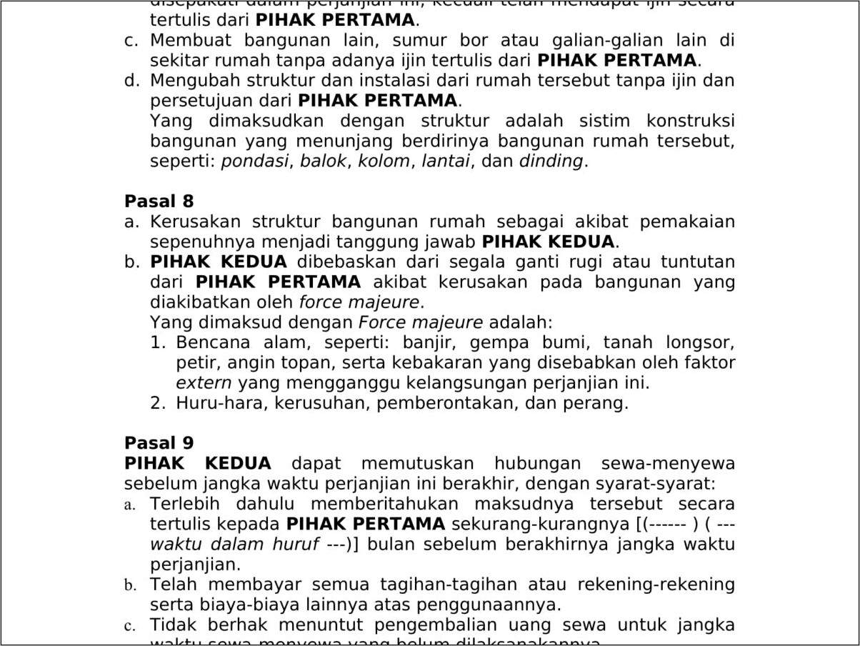 Contoh Surat Pejanjian Kontrak Rumah