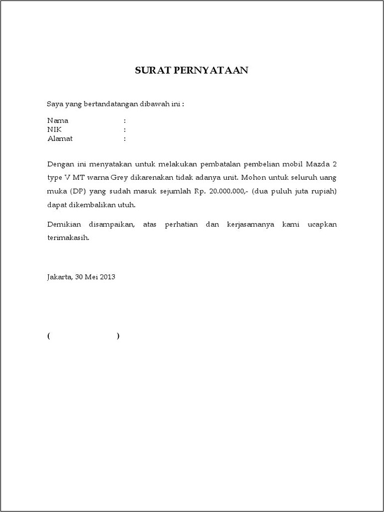 Contoh Surat Pembatalan Perjanjian Kredit