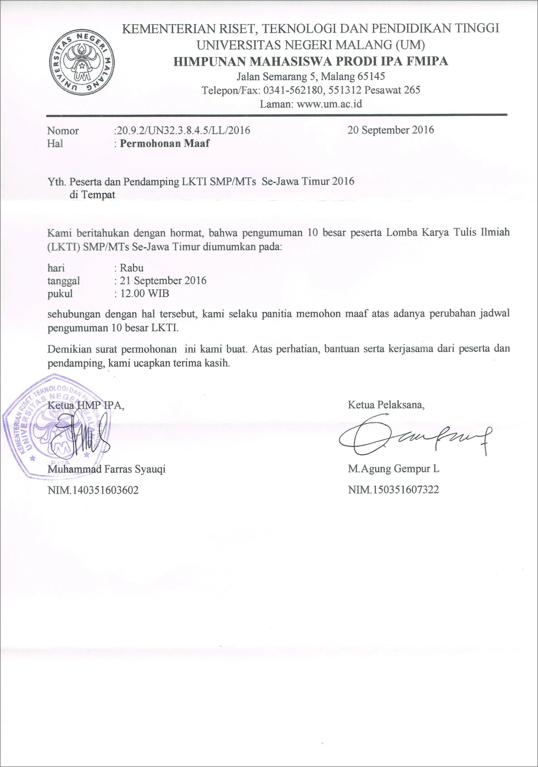 Contoh Surat Pemberitahuan Dan Permohonan Maaf