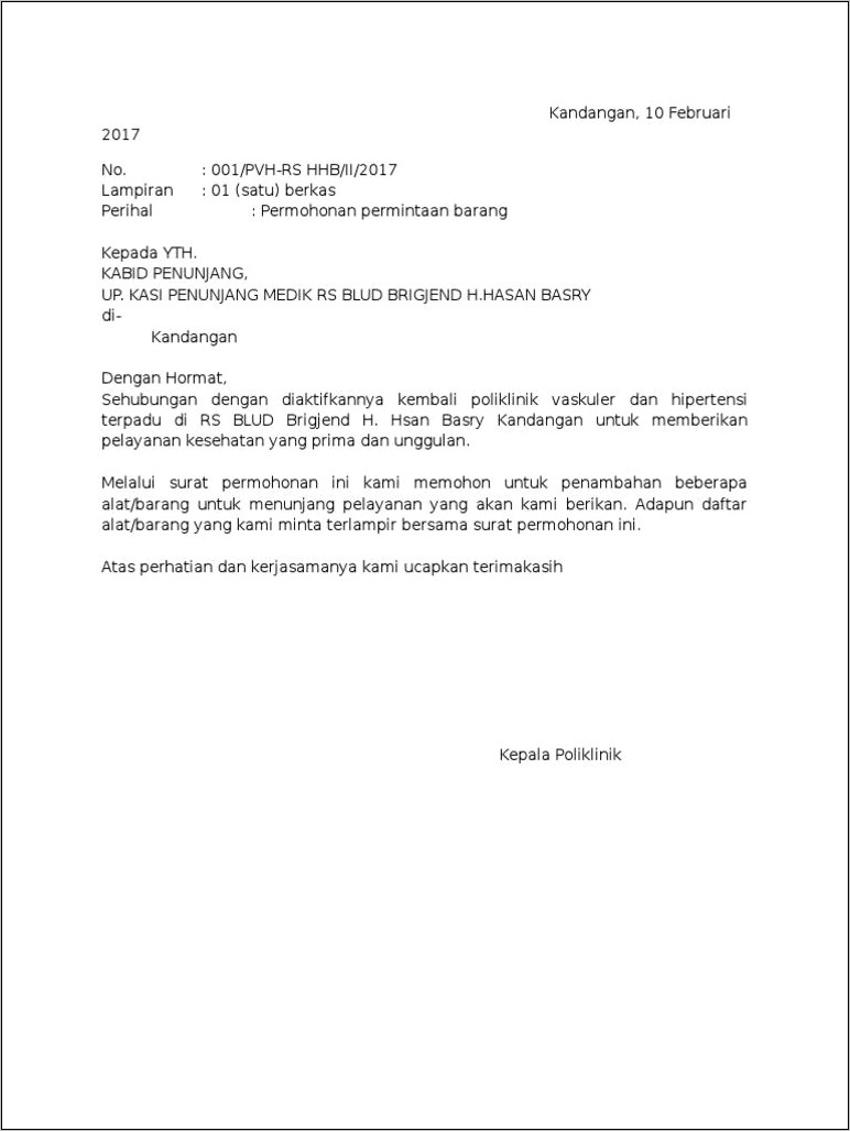 Contoh Surat Pengajuan Permohonan Pengadaan Barang - Surat permohonan