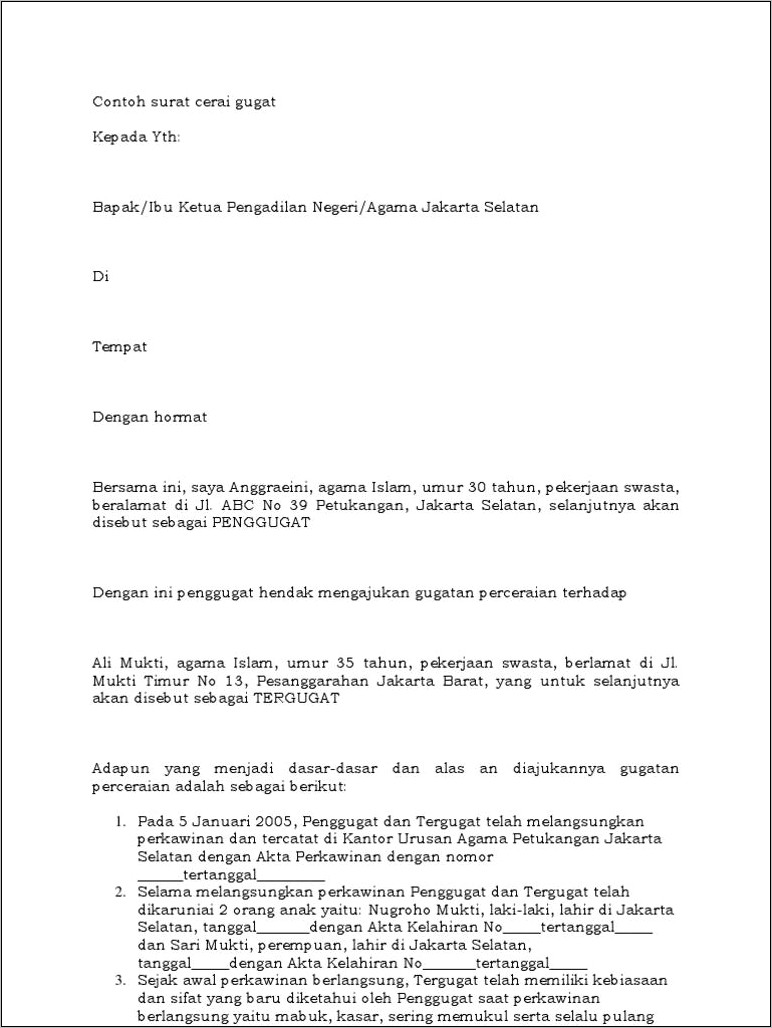 Contoh Surat Pengajuan Permohonan Cerai
