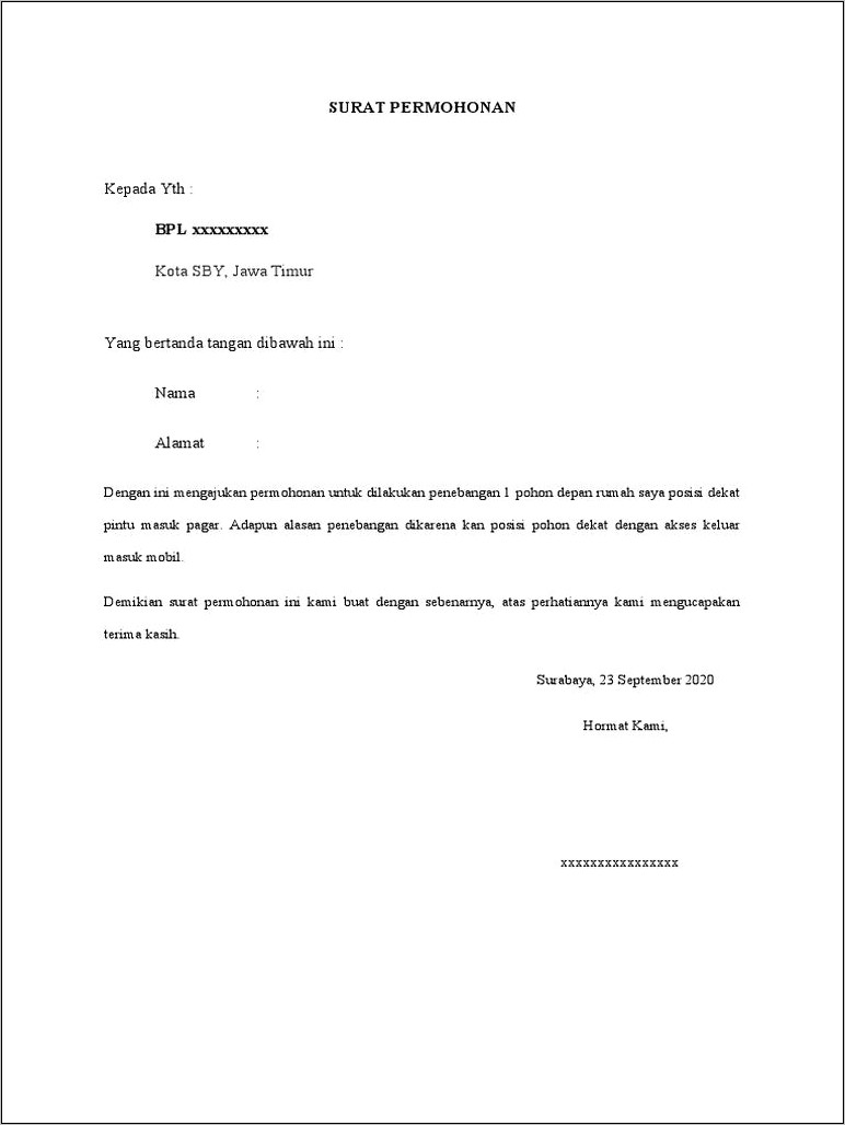 Contoh Surat Pengajuan Permohonan Hspk