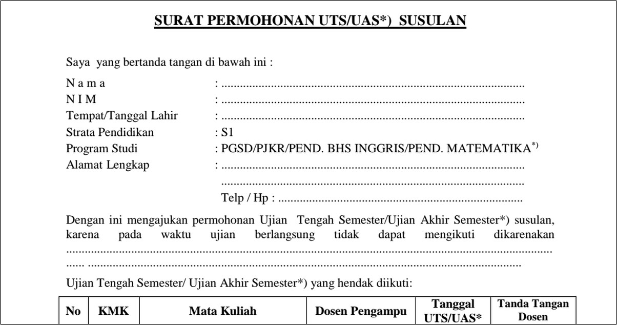 Contoh Surat Pengajuan Permohonan Ujian Susulan