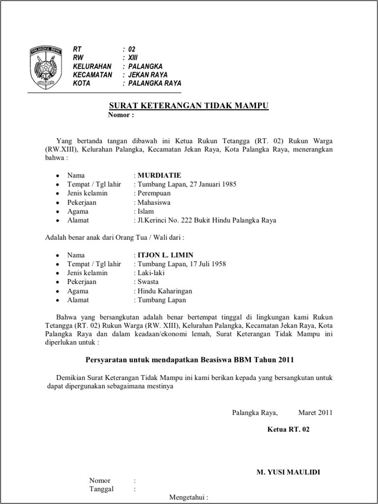 Contoh Surat Pengantar Keterangan Tidak Mampu Dari Rt
