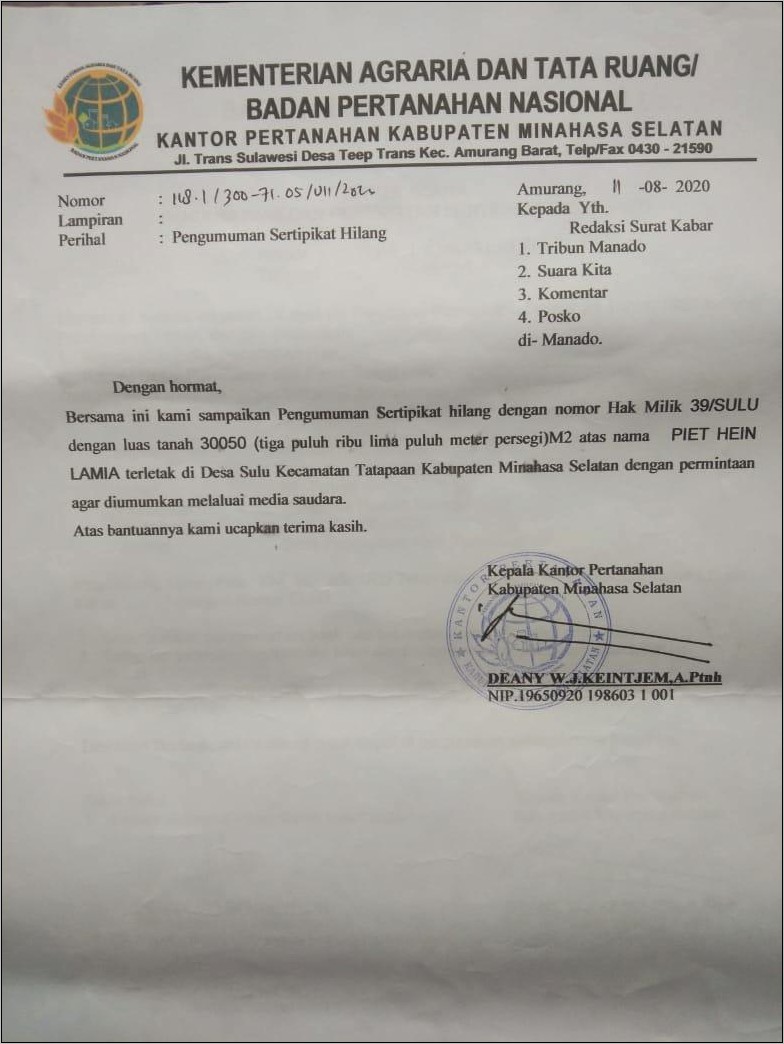 Contoh Surat Pengisian Permohonan Sertifikat Tanah