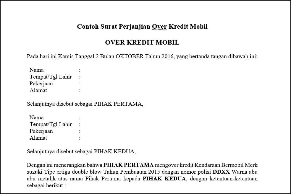 Contoh Surat Perjanji Kredit