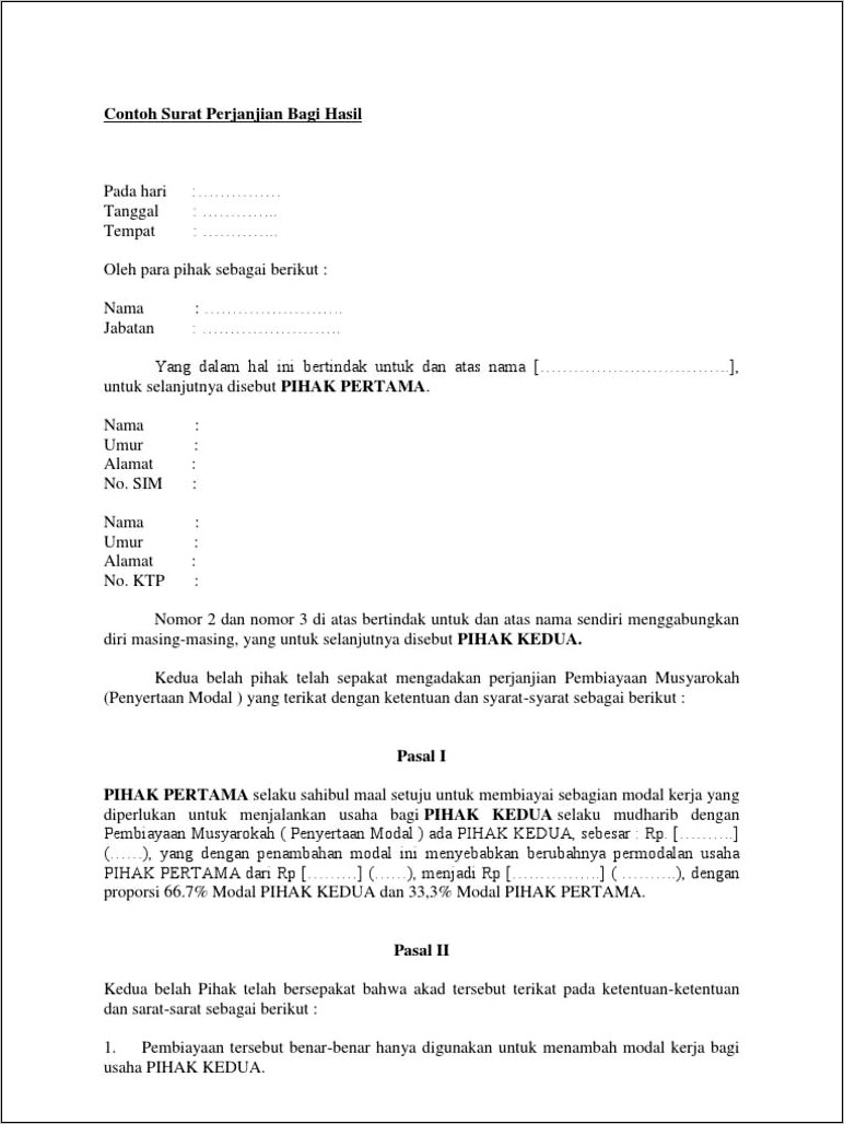 Contoh Surat Perjanjian Bagi Hasil Dari Persentasi Penjualan