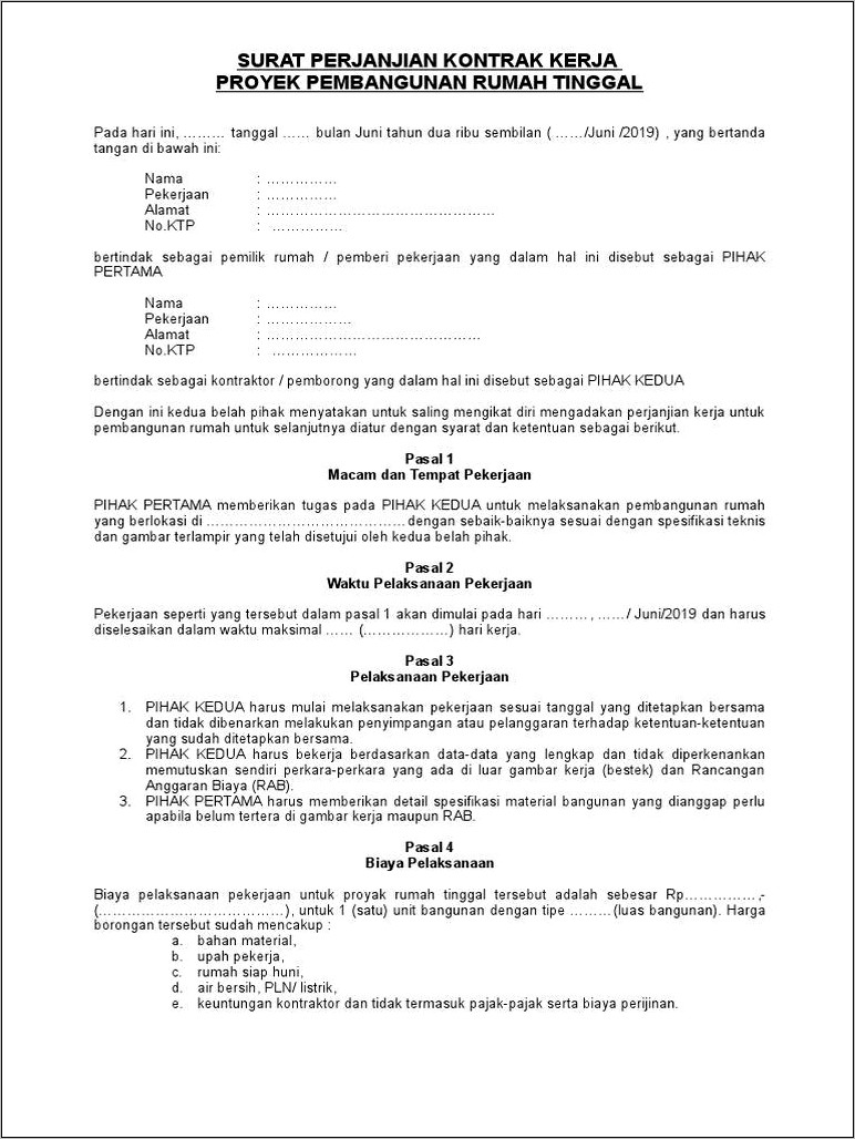 Contoh Surat Perjanjian Bangun Rumah